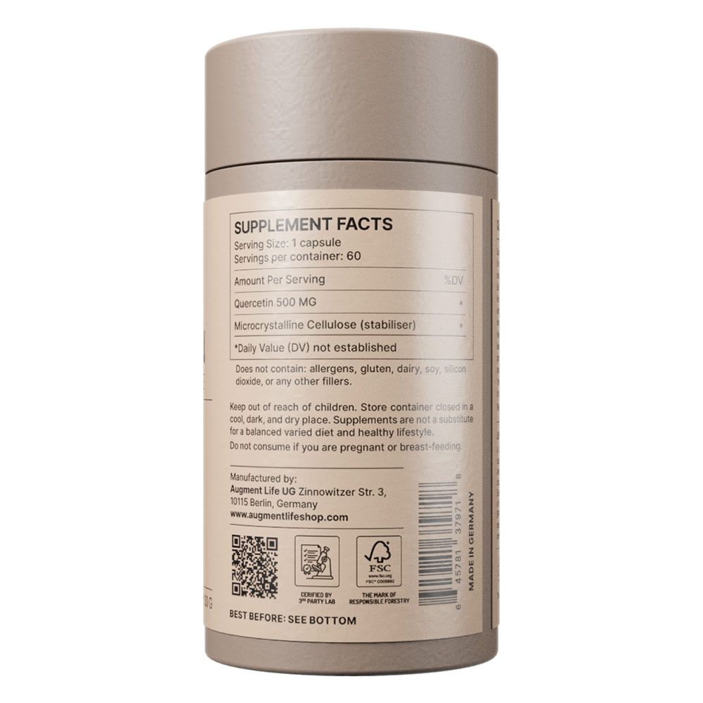 Etichetta integratore alimentare con Quercetina 500 mg, 60 capsule per contenitore. Prodotto in Germania.
