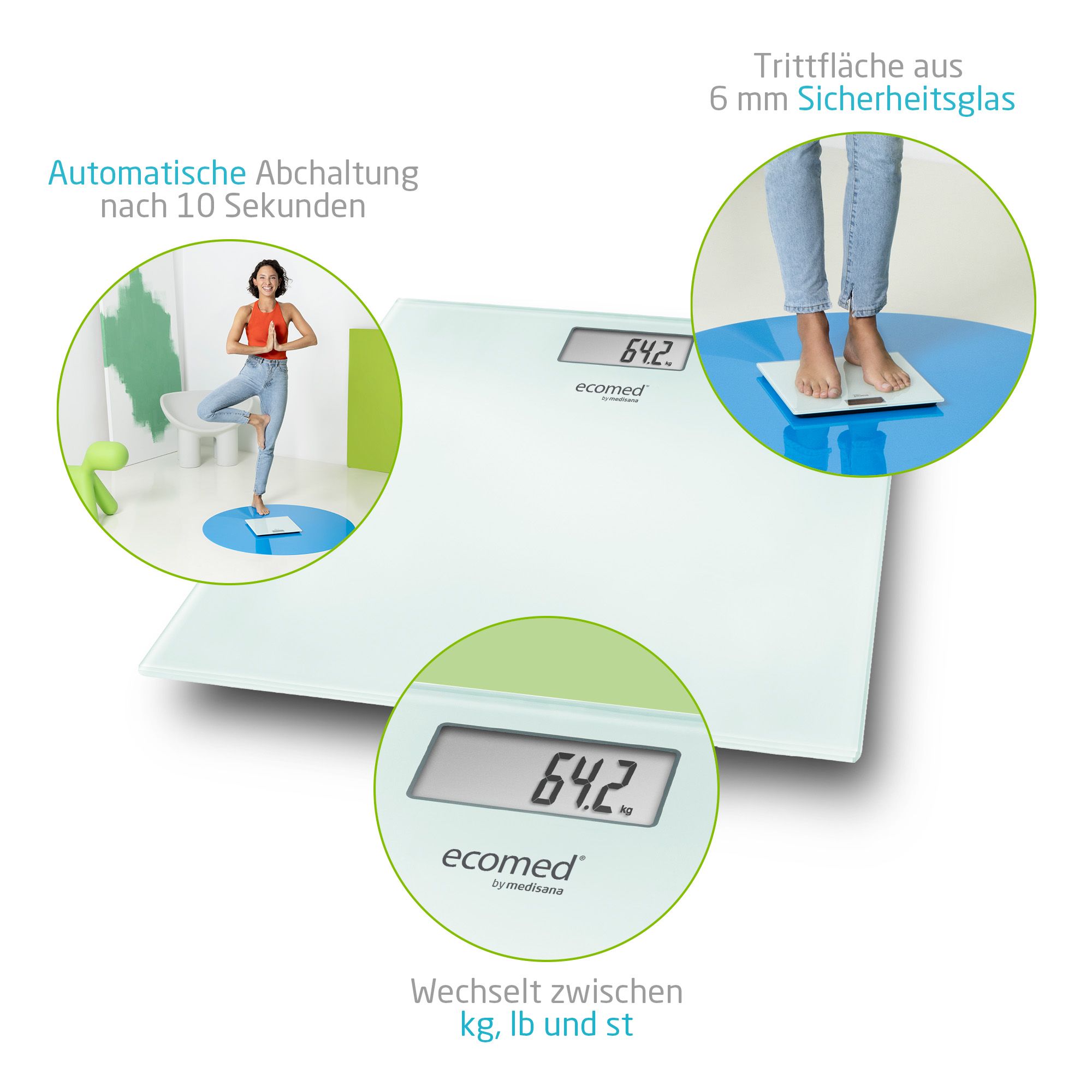 Bilancia pesapersone bianca in vetro con display digitale (64.2 kg). Piattaforma in vetro di sicurezza da 6 mm.