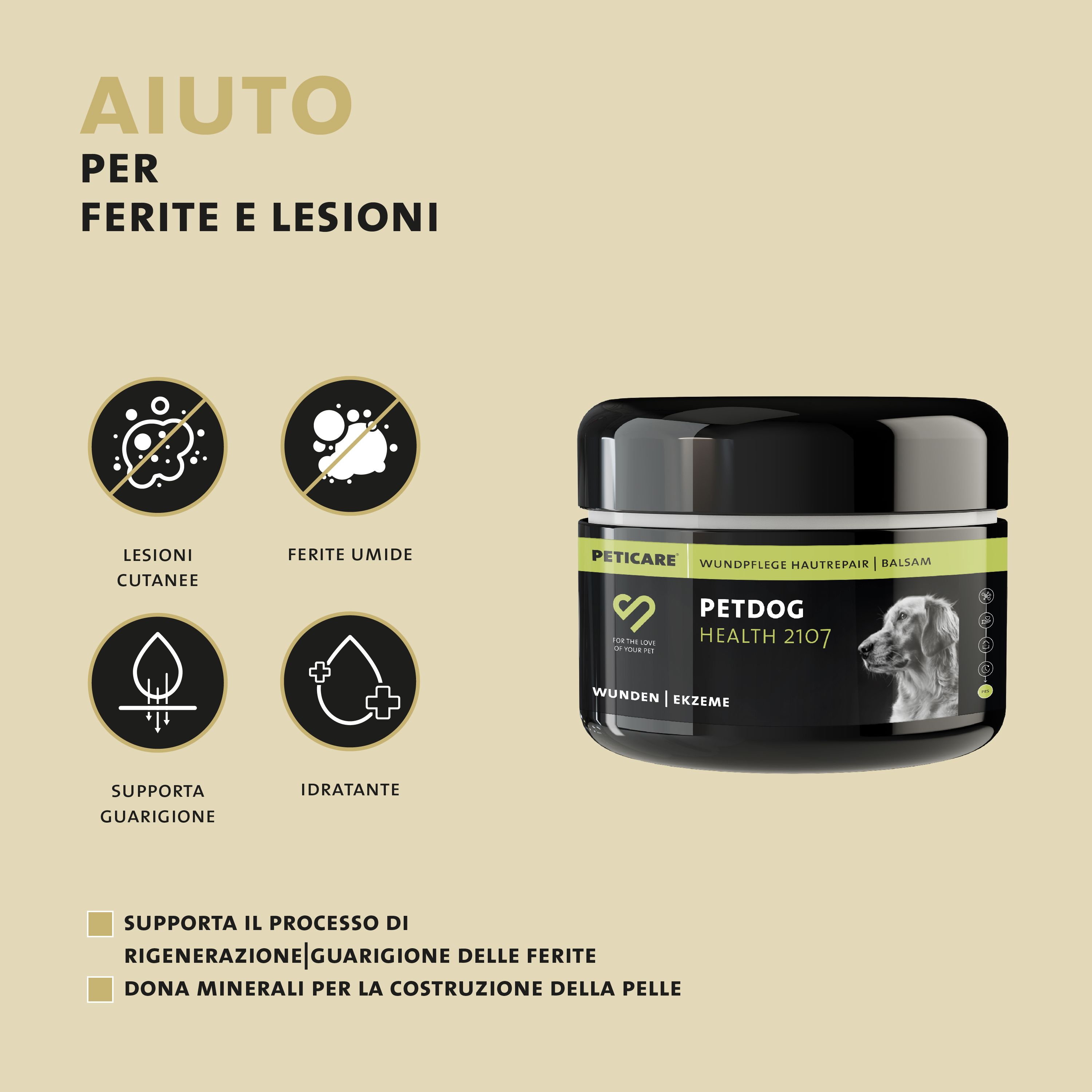 Prodotto con testo e icone. Vasetto nero con etichetta bianca. Testo: « Petdog Health 2107 ». Icone che mostrano i vantaggi.