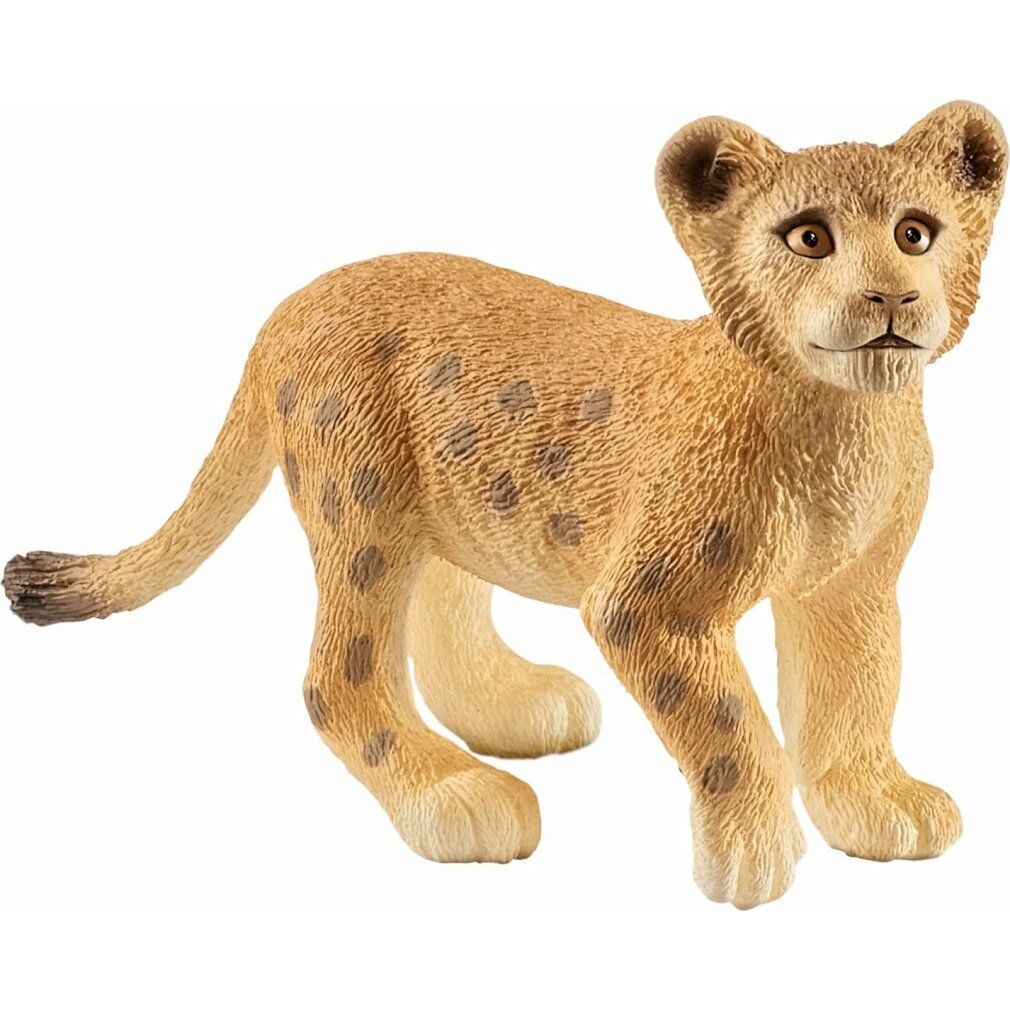 Personaggio Schleich di un cucciolo di leone. Beige con macchie marroni. Posizione eretta. Design dettagliato.