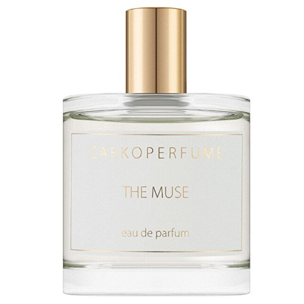 Flacone in vetro con tappo dorato. Scritta: Zarkoperfume, The Muse, eau de parfum.