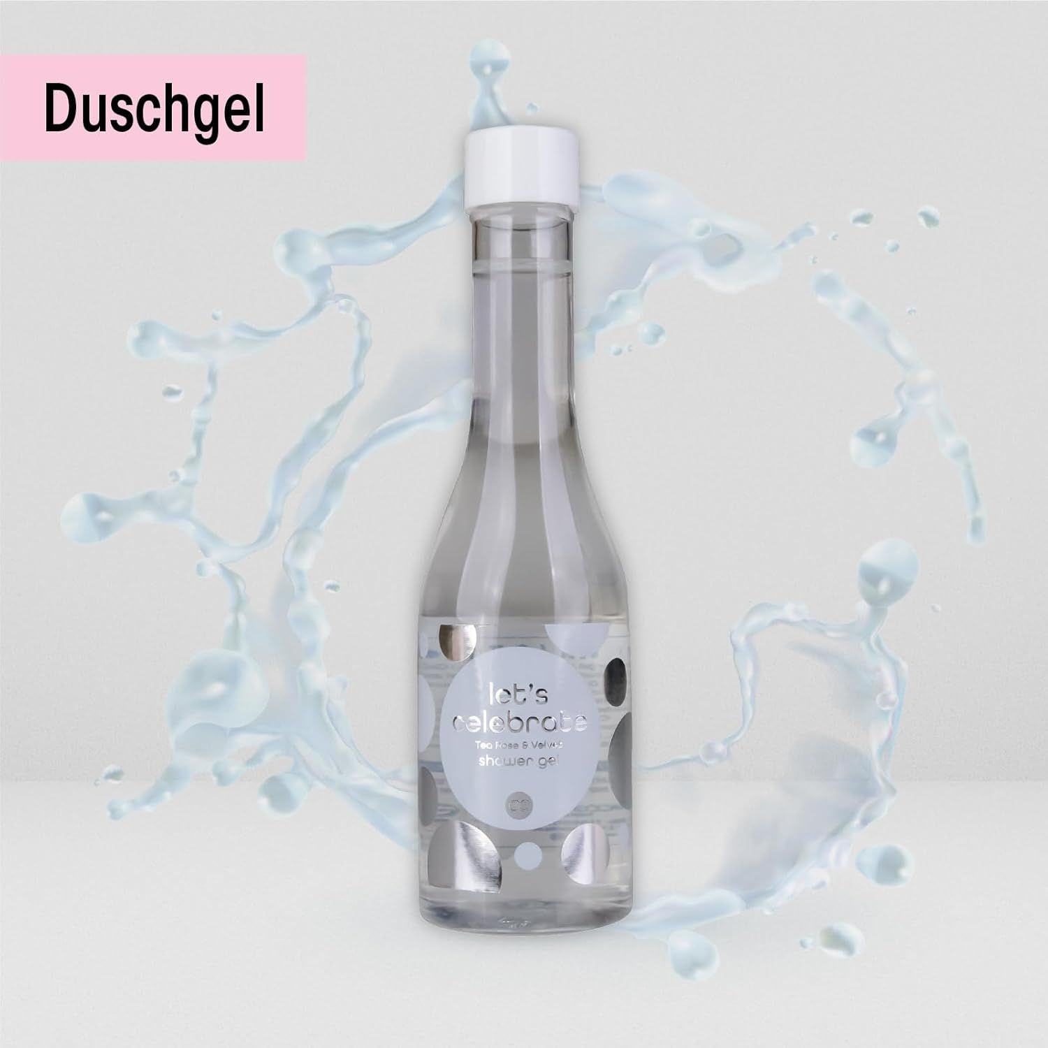Gel doccia in bottiglia. Scritta: Let's Celebrate. Bottiglia trasparente con tappo bianco. L'acqua schizza.