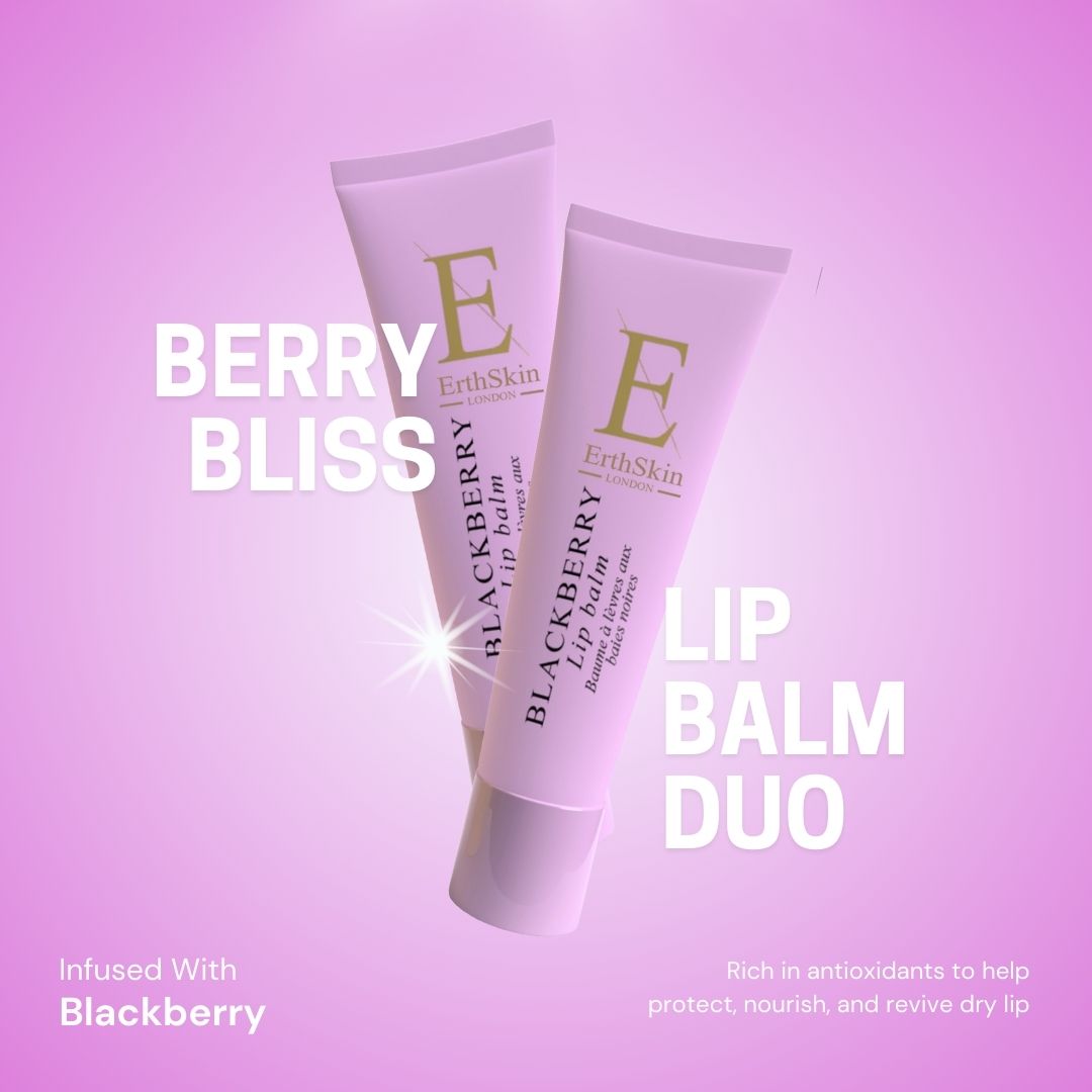 Due tubetti rosa di balsamo labbra. Scritta: Berry Bliss, Blackberry Lip Balm. Marchio: ErthSkin London.