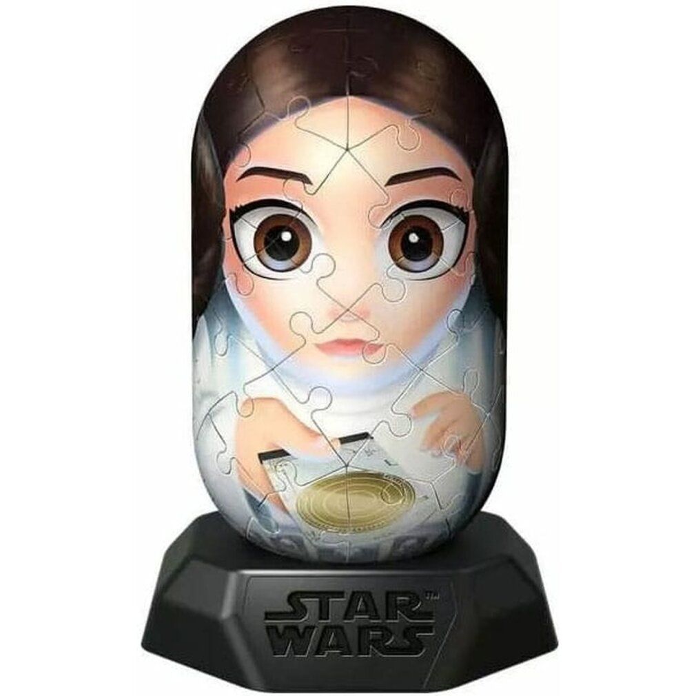 Puzzle 3D di Principessa Leia su base nera. Logo Star Wars sulla base. Pezzi del puzzle formano il volto.