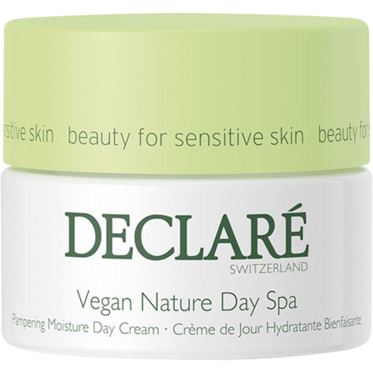 Vasetto di crema con coperchio verde. Scritta: DECLARÉ, Vegan Nature Day Spa. Testo: Pampering Moisture Day Cream.