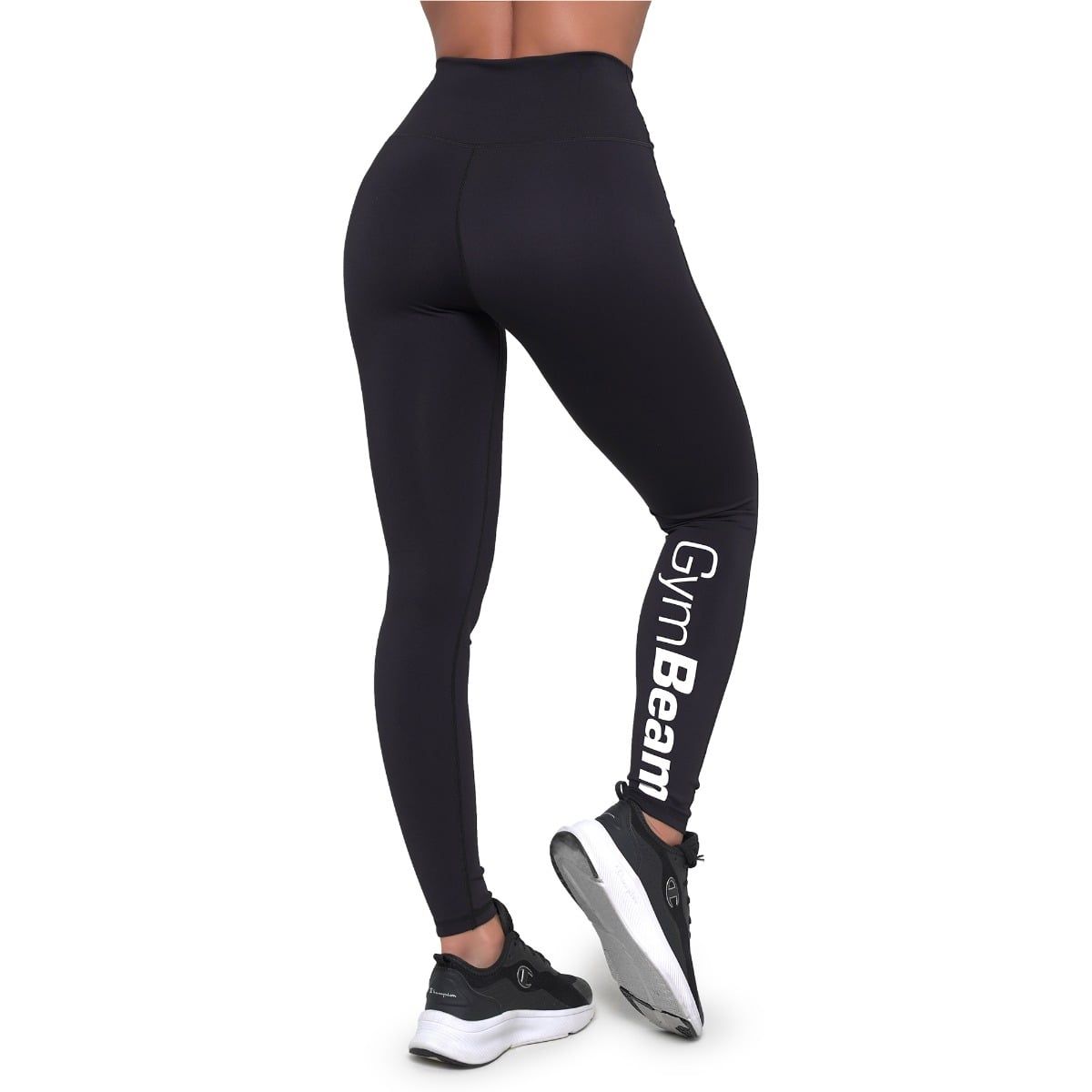Vista posteriore di leggings neri da donna a vita alta con scritta GymBeam sulla gamba.