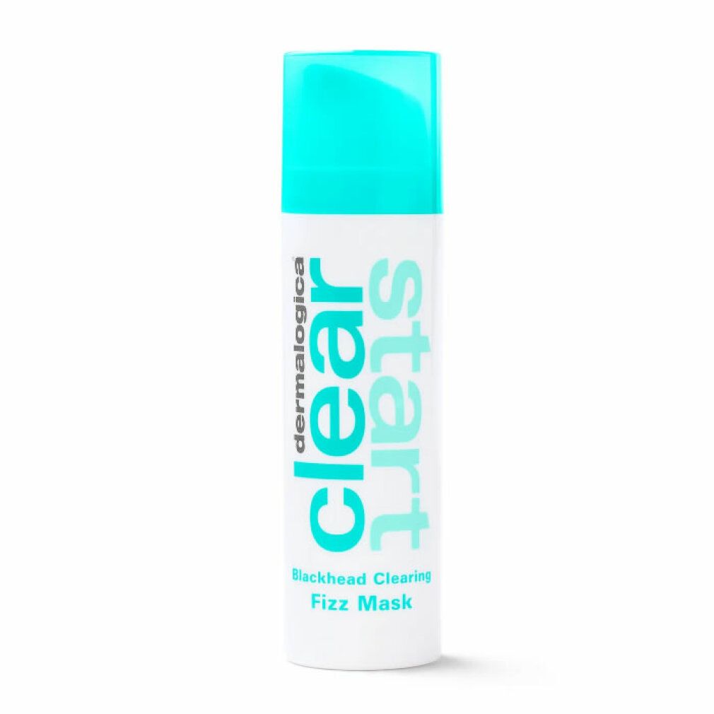 Flacone bianco con tappo turchese. Testo: dermalogica clear start Blackhead Clearing Fizz Mask.