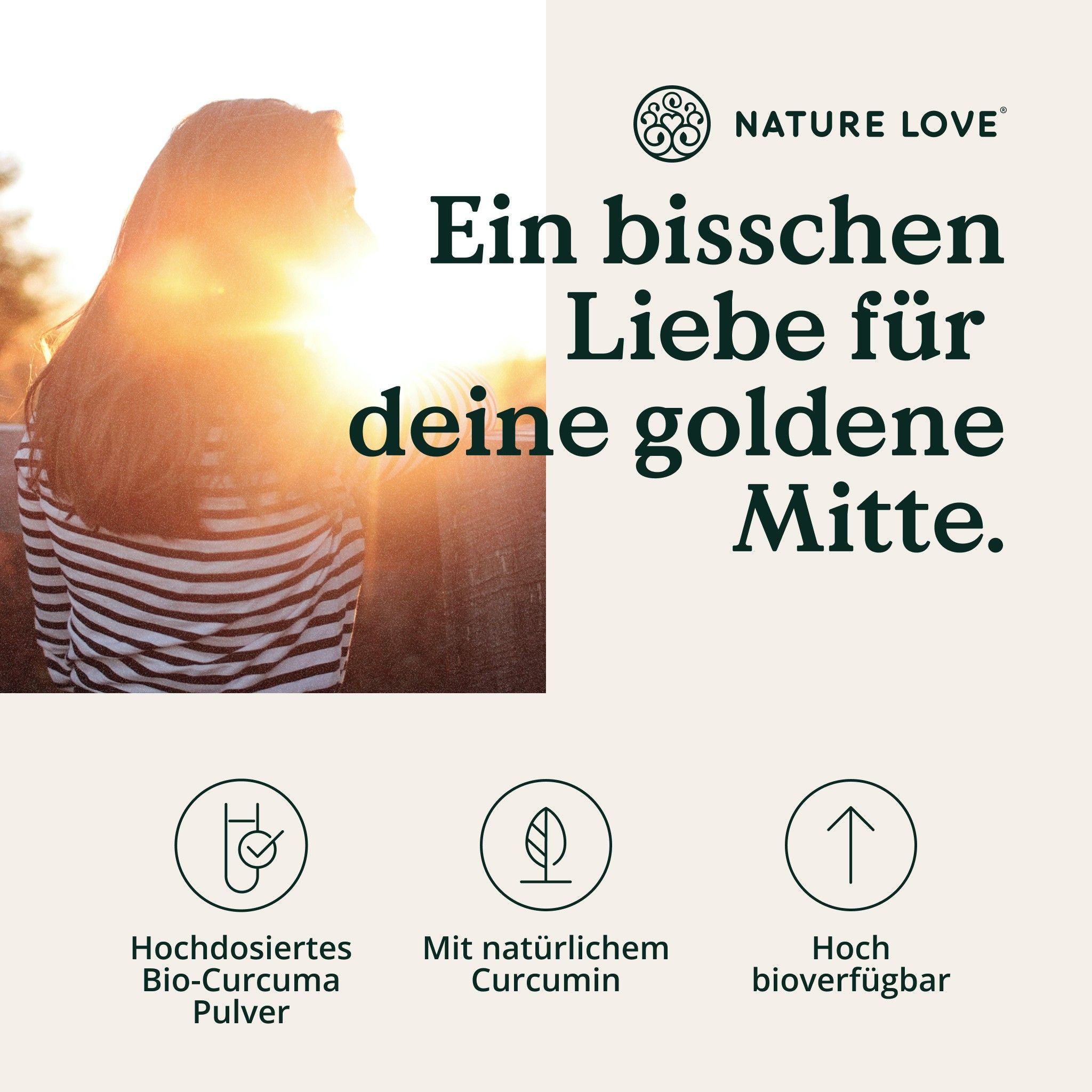 Testo: Un po' d'amore per il tuo centro d'oro. Loghi: Polvere di Bio-Curcuma ad alta dose, Con curcumina naturale, Altamente biodisponibile.