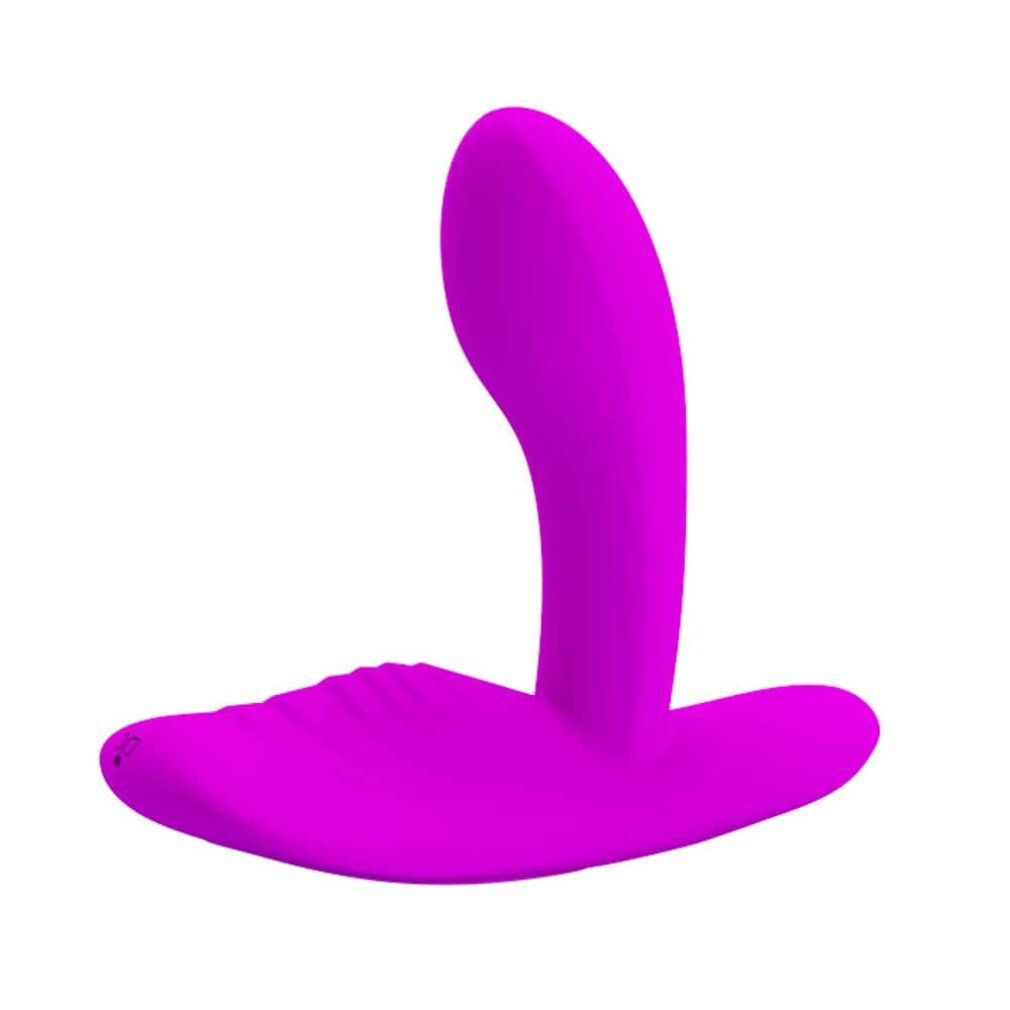 Vibratore viola con punta curva e base larga su sfondo bianco.