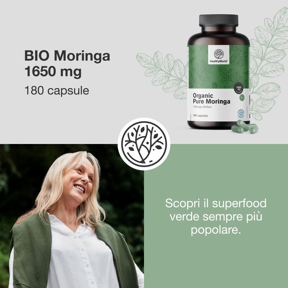 Pubblicità con donna, flacone e testo: BIO Moringa 1650 mg, 180 capsule. Testo: Scopri il superfood verde sempre più popolare.