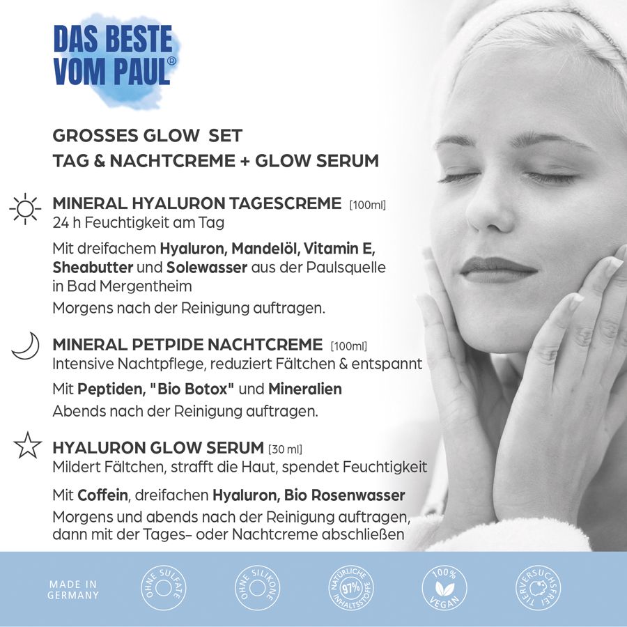 Donna con gli occhi chiusi, mani sul viso. Testo: Grande set glow, crema giorno e notte + siero glow. Informazioni sul prodotto.