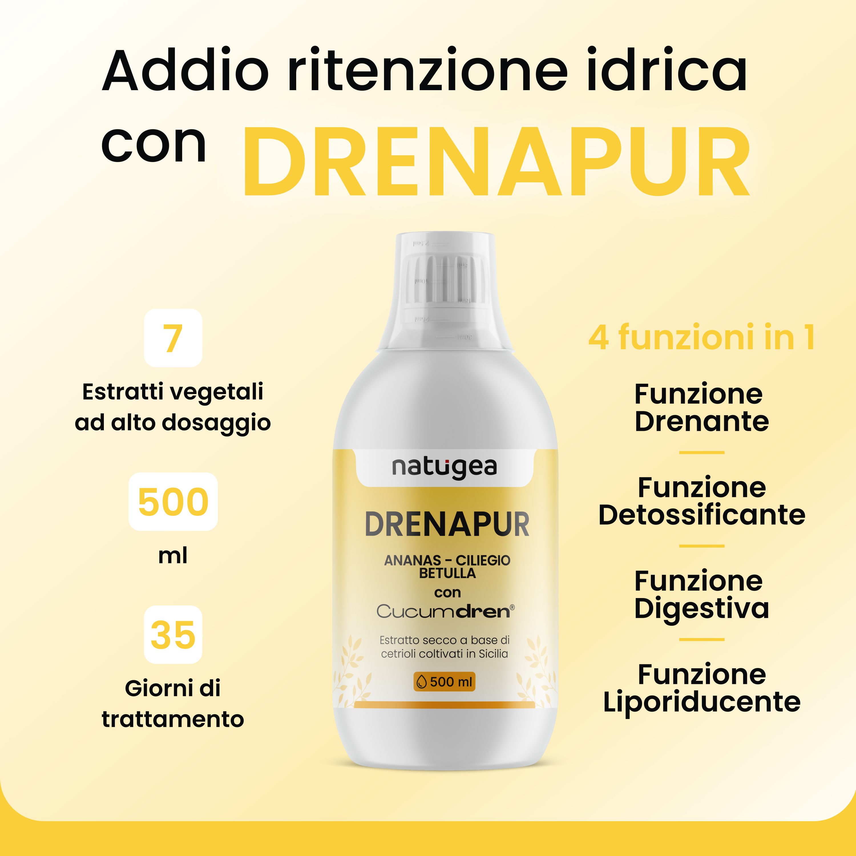Drenante Forte con Bromelina e Cucumdren, estratto da cetrioli siciliani. Per Cellulite - natugea®