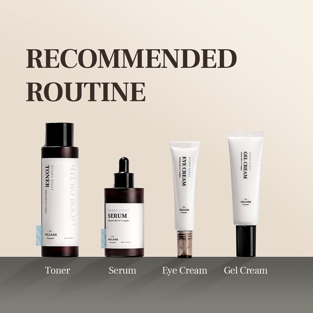 Routine consigliata con toner, siero, crema occhi e crema gel. Tutti i prodotti sono confezionati in flaconi e tubi.