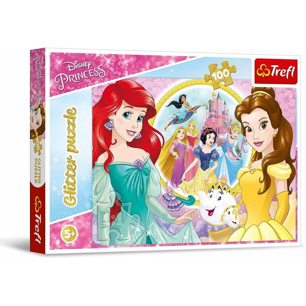 Scatola puzzle Disney Princess. Ariel e Belle raffigurate. 100 pezzi, effetto glitter. Età consigliata: 5+