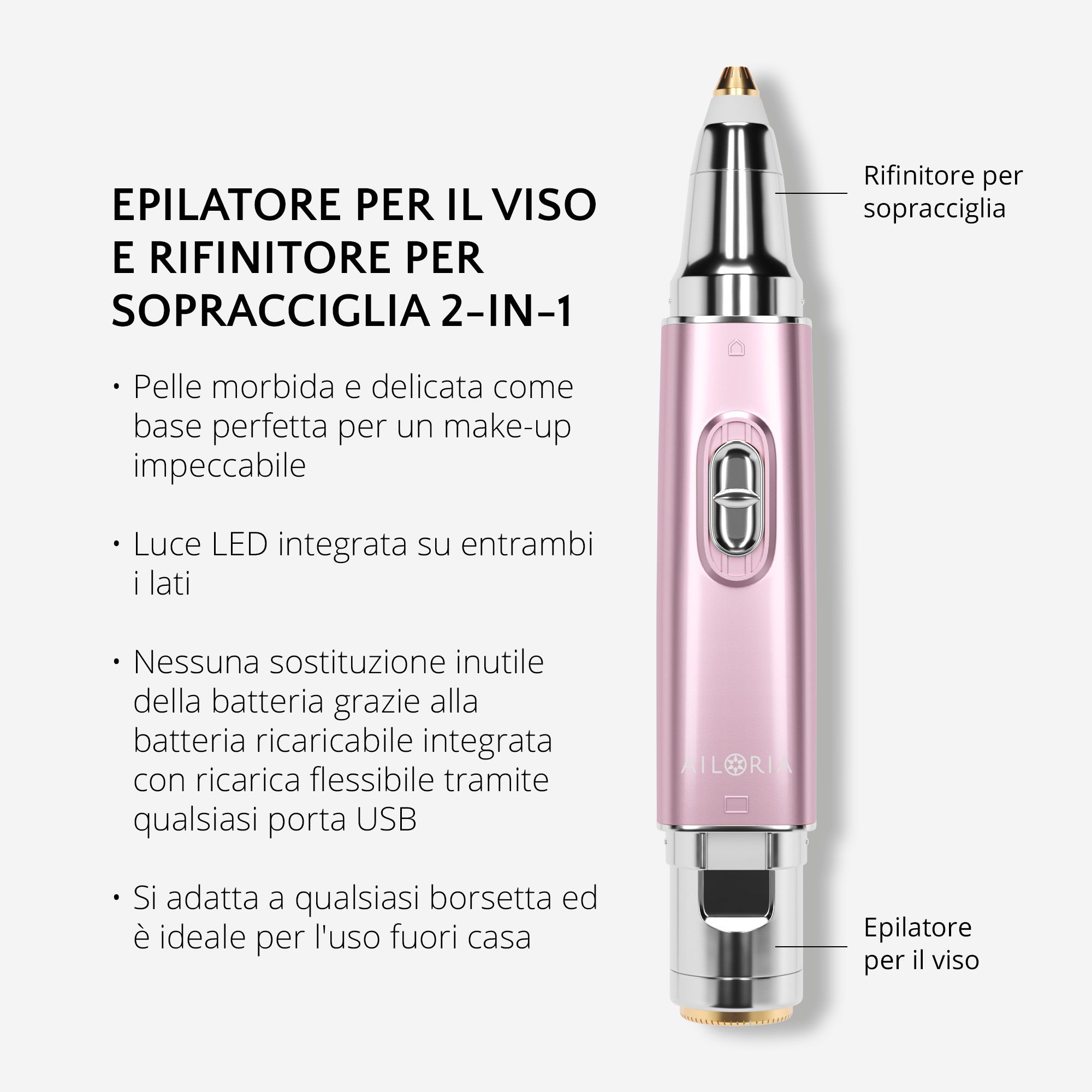 Rasoio rosa con testo. AILORIA LIBERTY Rasoir 2 en 1. Testo in italiano.