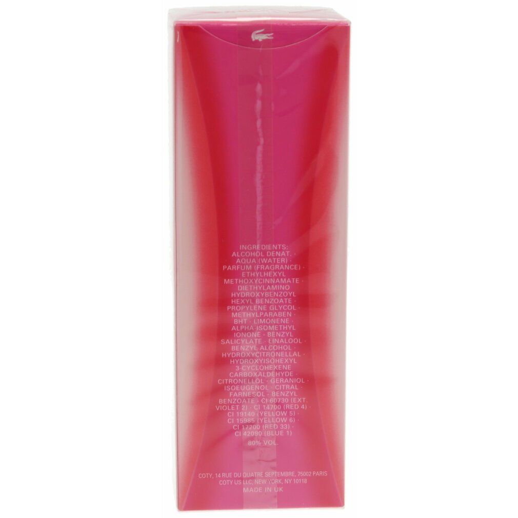 Retro della confezione rosa Lacoste Touch of Pink Eau de Toilette con ingredienti.