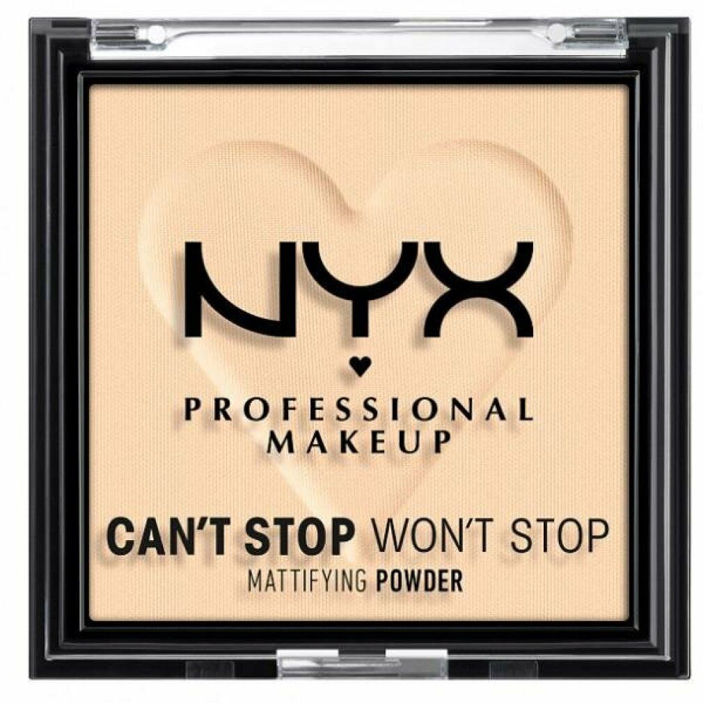 Cipria compatta in confezione quadrata. Design a forma di cuore sulla superficie. Scritta: NYX PROFESSIONAL MAKEUP, CAN'T STOP WON'T STOP MATTIFYING POWDER.