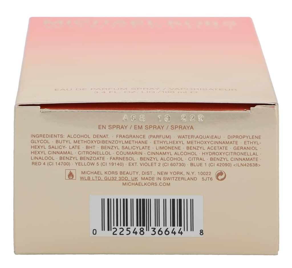 Retro della confezione di Michael Kors Wonderlust Edp Spray. Contiene ingredienti, codice a barre e avvertenze.