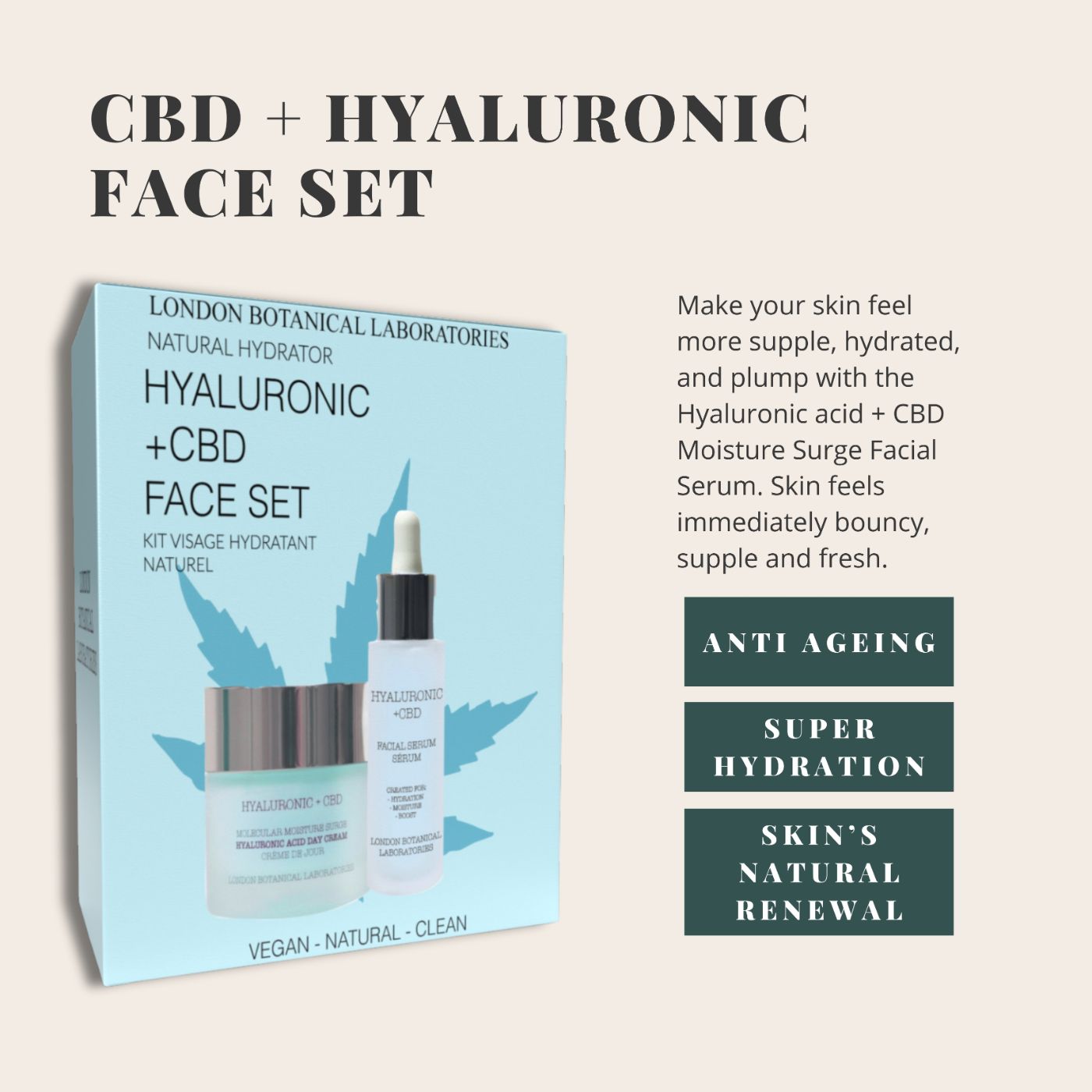Set regalo con crema e siero. Confezione azzurra con nome del prodotto e design a foglia di cannabis. Vegano, naturale, pulito.