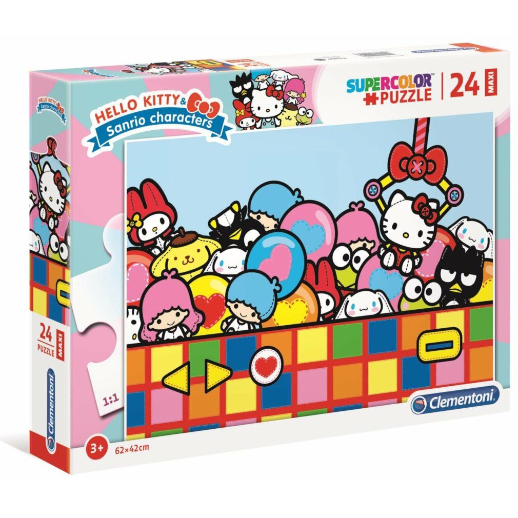 Puzzle Clementoni Maxi Hello Kitty, 24 pezzi. Confezione con motivo puzzle. Personaggi Hello Kitty e Sanrio. Età 3+. Dimensioni 62x42cm.