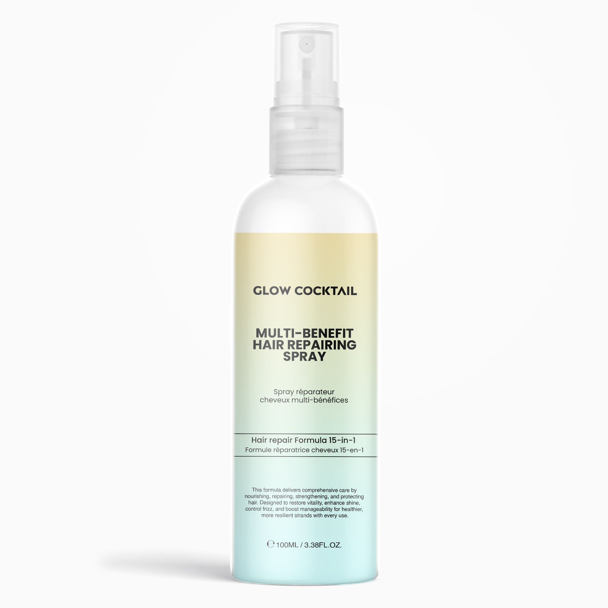 Flacone spray per capelli GLOW COCKTAIL, Multi-Benefit Hair Repairing Spray. Formula 15-in-1. Sfumatura da giallo a blu.