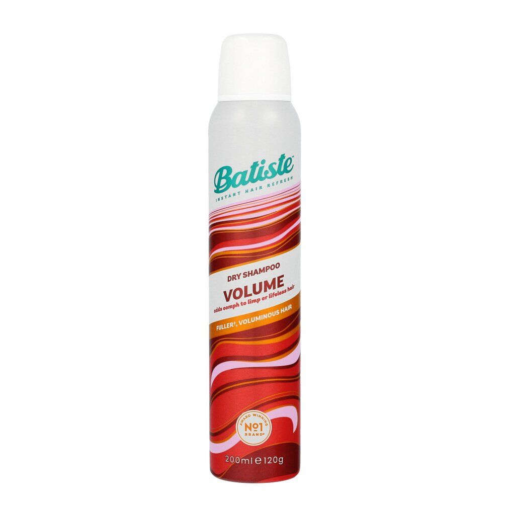 Bomboletta spray bianca e rossa con tappo bianco. Scritta: Batiste Dry Shampoo & Volume. Motivo a onde rosse e marroni.
