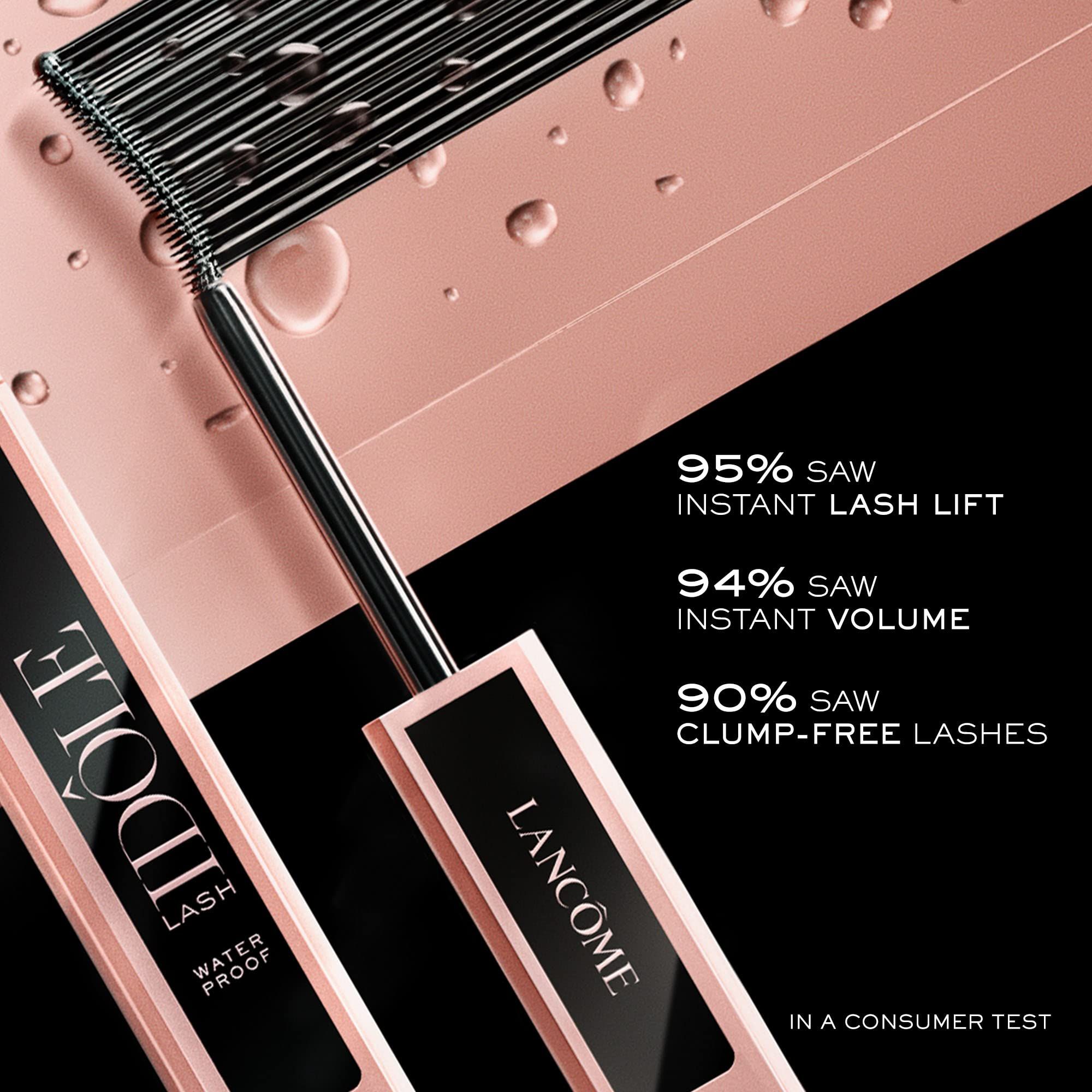 Spazzola e tubo di mascara. Testo: "95% SAW INSTANT LASH LIFT", "94% SAW INSTANT VOLUME", "90% SAW CLUMP-FREE LASHES", "LANCÔME", "IDÔLE LASH WATERPROOF".