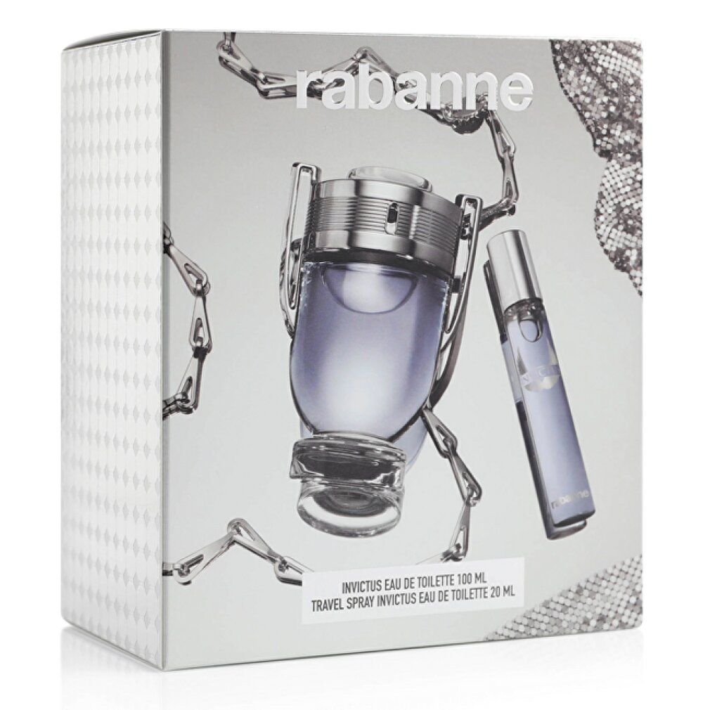 Set regalo con confezione, flacone e vaporizzatore. Confezione con immagine del prodotto e scritta 'rabanne'. Flacone con tappo argentato.