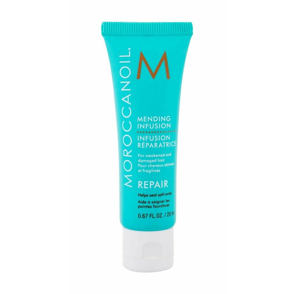 Tubo turchese con tappo bianco. Scritta: MOROCCANOIL, Mending Infusion, Repair. 0.67 FL.OZ./20 ml.