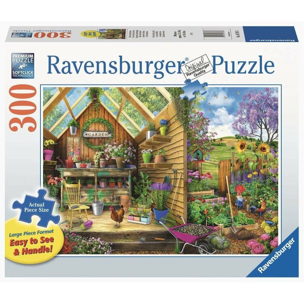 Scatola puzzle Ravensburger. Scena di giardino, 300 pezzi. Testo: 'Large Piece Format', 'Easy to See & Handle!'