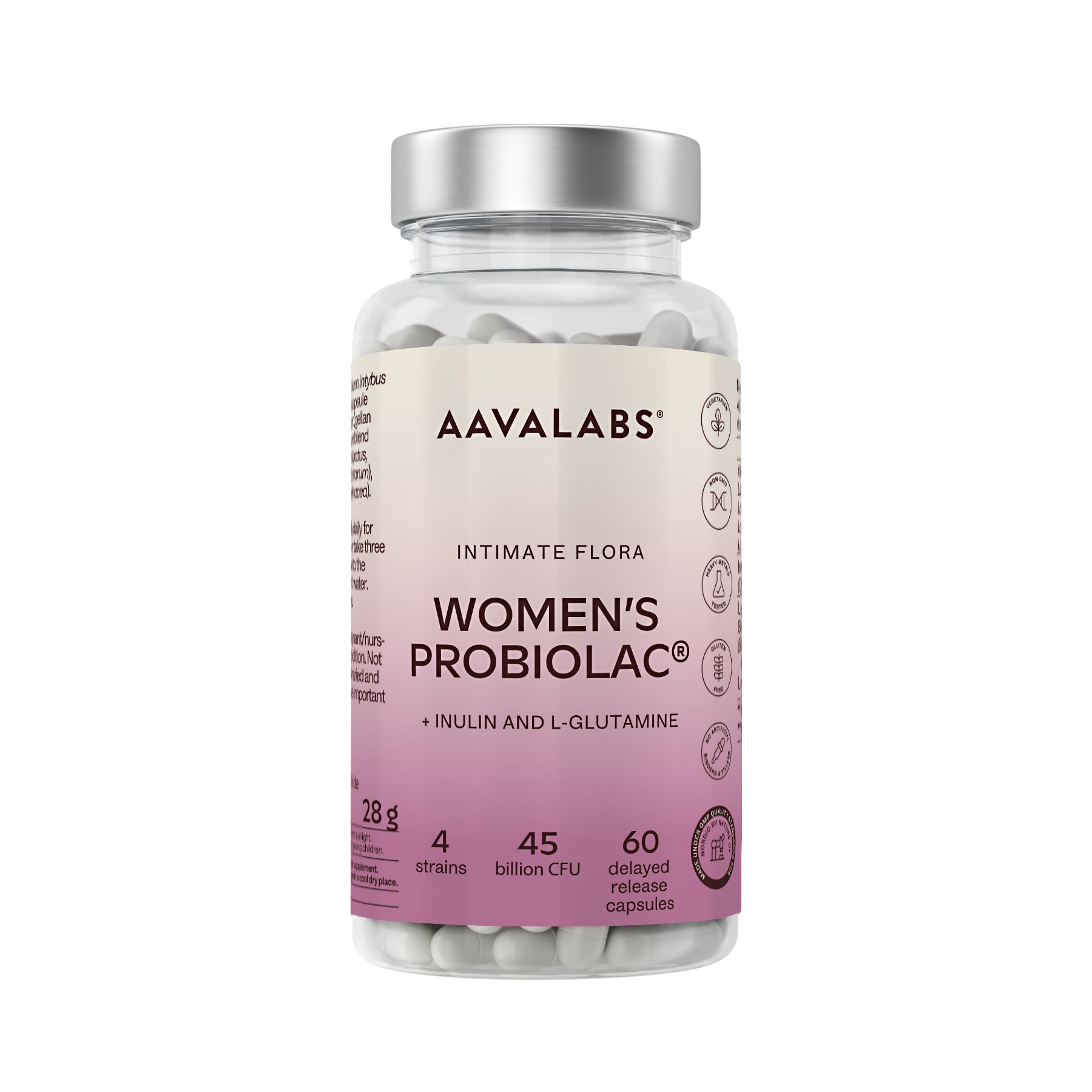 Aavalabs Women's Probiolac. Bottiglia con capsule. Scritta: Intimate Flora, 4 ceppi, 45 mld CFU, Inulina e L-Glutammina.