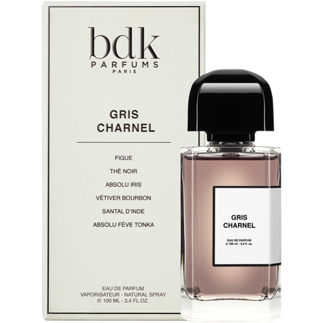 BDK Gris Charnel EdP Nat. Spray. Flacone e confezione. Flacone rettangolare con tappo nero. Confezione bianca con nome del prodotto.