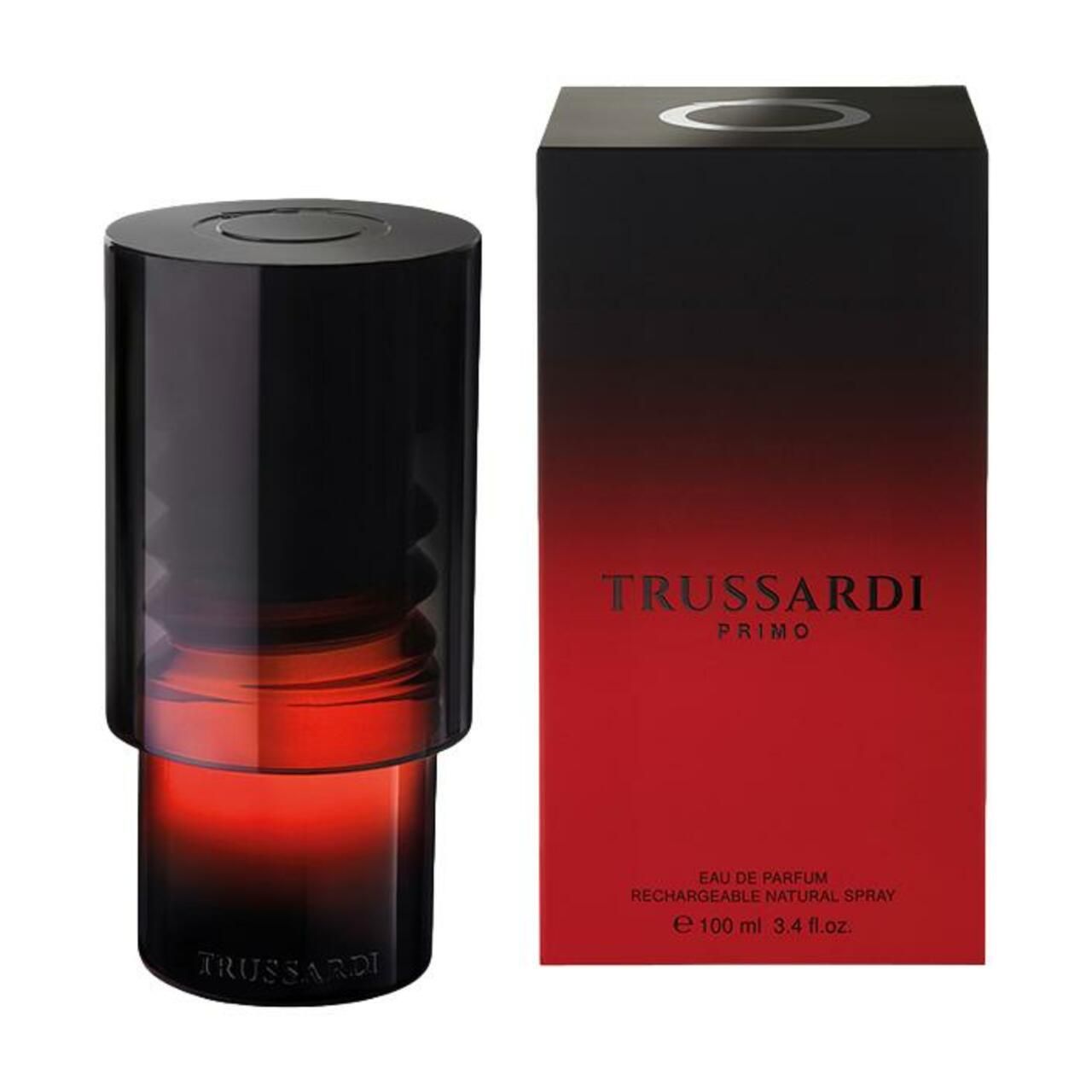 Flacone e scatola. Flacone nero-rosso, scatola nero-rossa con "TRUSSARDI PRIMO".