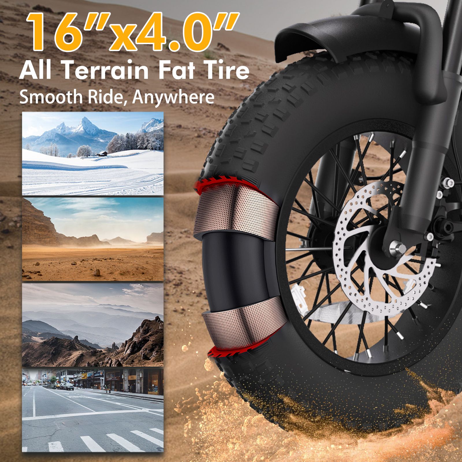 Pneumatico e-bike. 16"x4.0" All-Terrain. Immagini di terreni vari: neve, deserto, fuoristrada, strada.