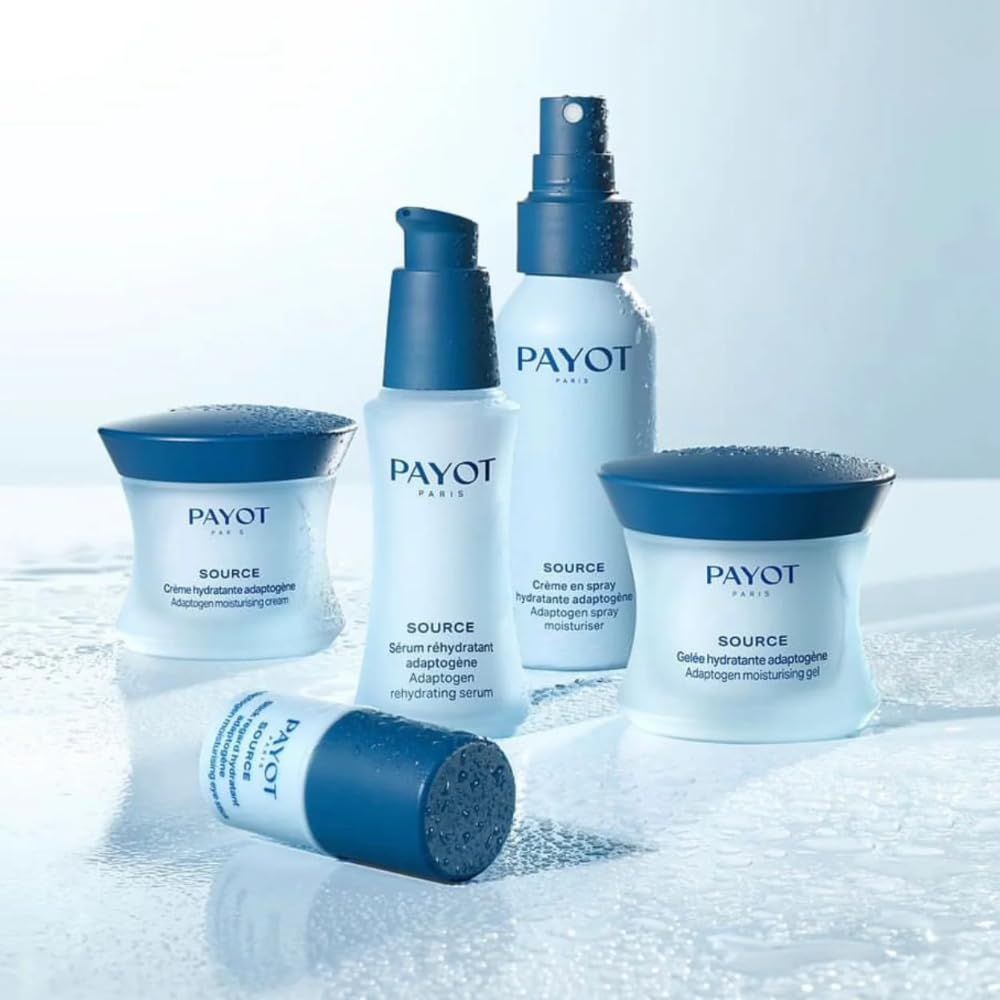 Vari prodotti con scritta: PAYOT, SOURCE, Crème hydratante adaptogène, Sérum réhydratant adaptogène.