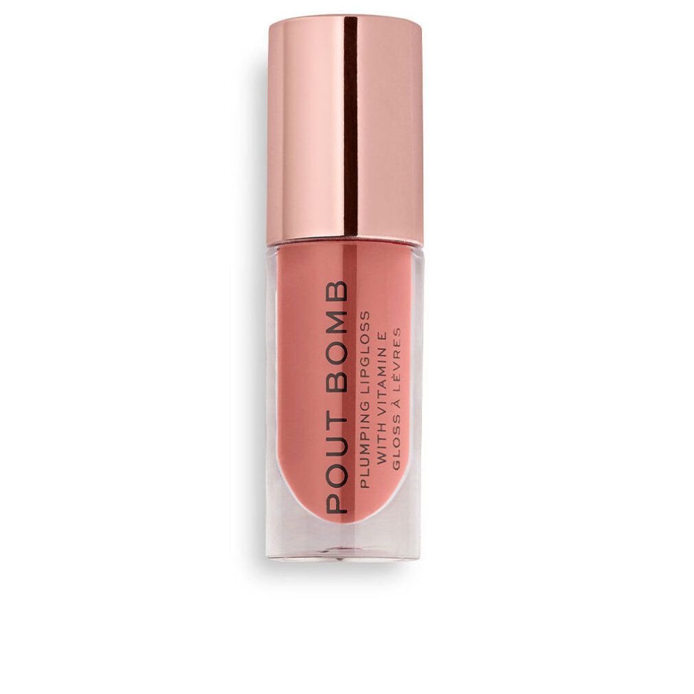 Flacone di lucidalabbra rosa. Scritta: Pout Bomb, Plumping Lipgloss with Vitamin E, Gloss à Lèvres.