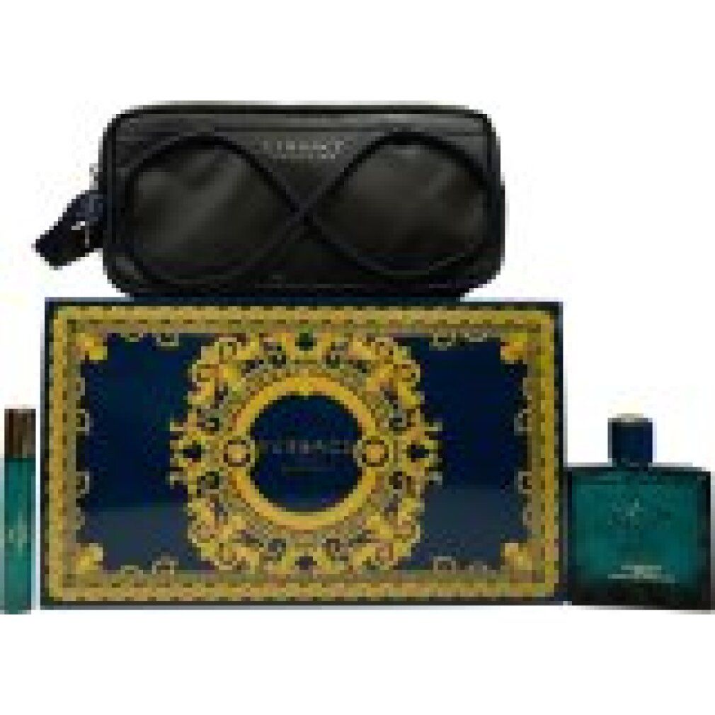 Set regalo con trousse, flacone e vaporizzatore. Trousse nera con logo. Scatola blu con motivo dorato.