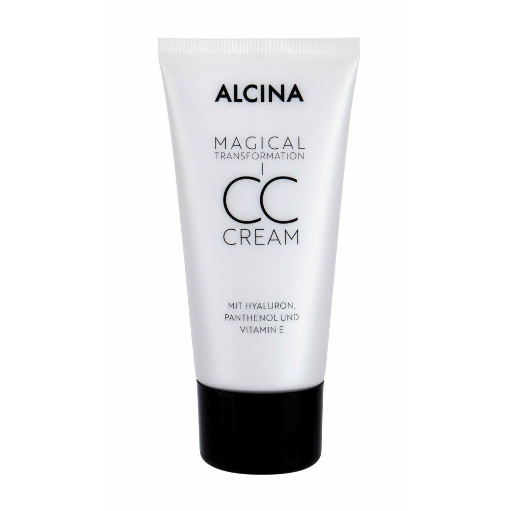Tubo bianco con tappo nero. Scritta ALCINA, MAGICAL TRANSFORMATION CC CREAM. Testo: MIT HYALURON, PANTHENOL UND VITAMIN E.