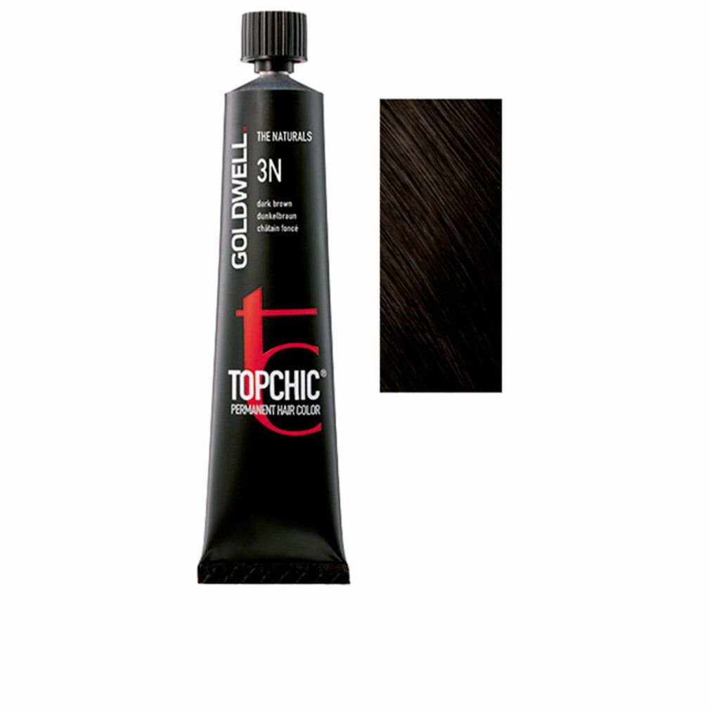 Tubo nero Goldwell Topchic 3N castano scuro. Accanto, campione di colore.