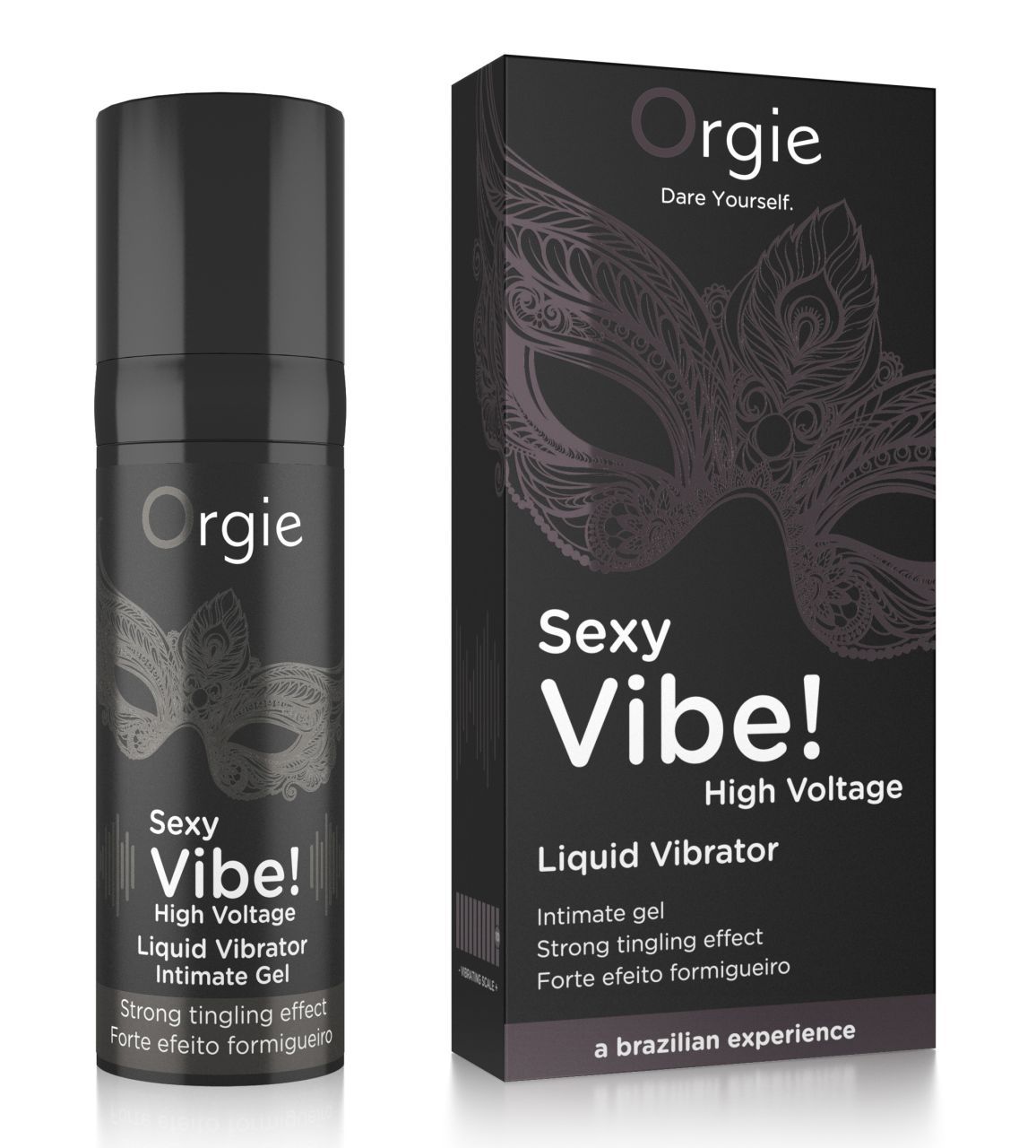 Orgie Sexy Vibe! High Voltage Liquid Vibrator in confezione e flacone neri.