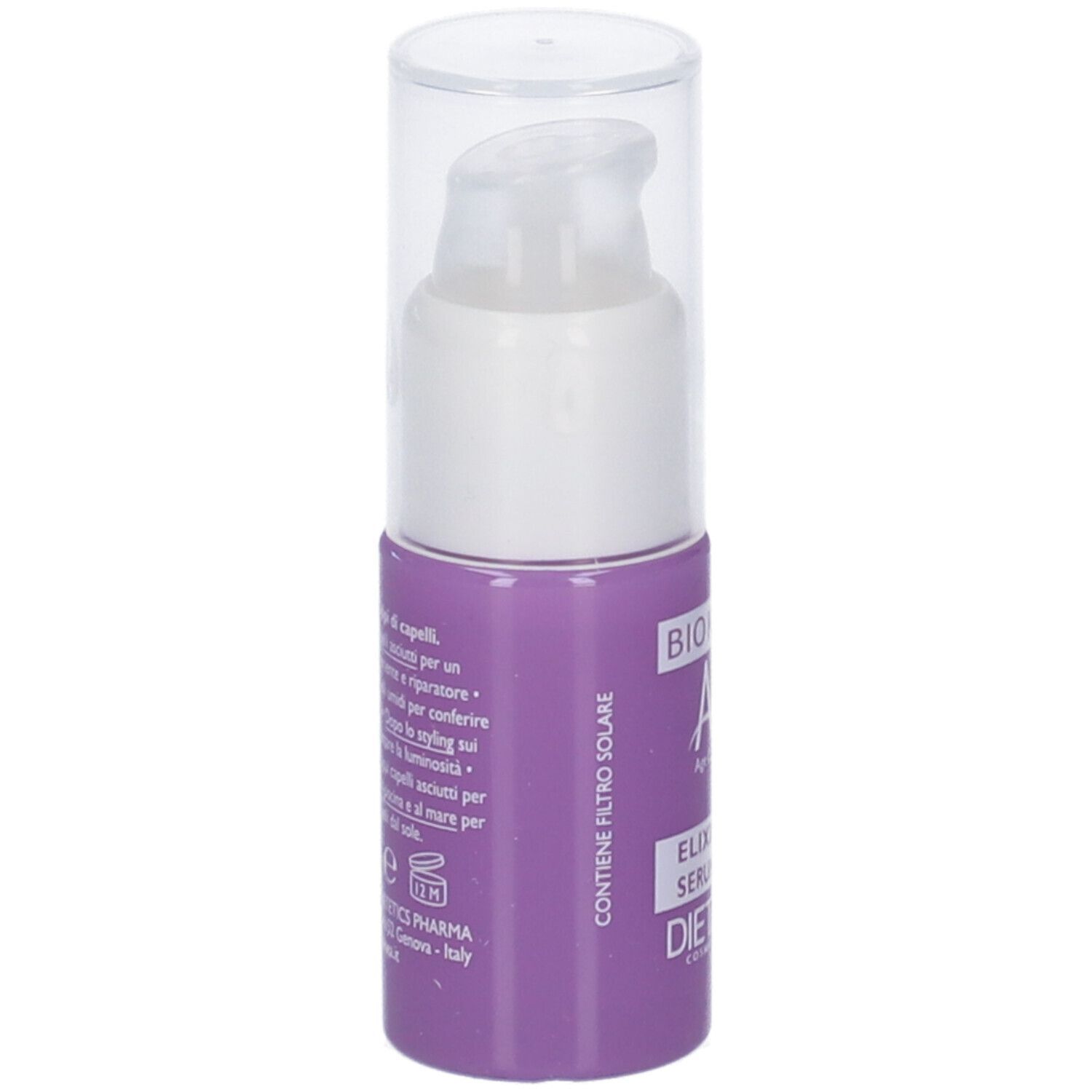 Flacone viola con erogatore bianco. Scritta: BIO KERATIN ACH8 Elixir Serum Prodige. Contiene filtro solare. Marchio: DIETALINEA.