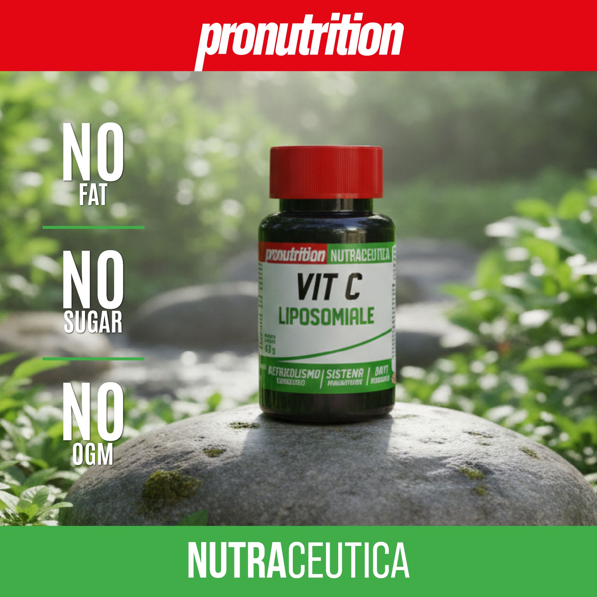 Flacone marrone con tappo rosso. Scritta: VIT C LIPOSOMIALE. Testo: NO FAT, NO SUGAR, NO OGM. Su una pietra.