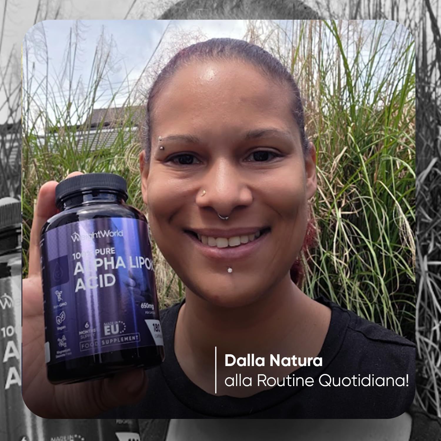 Donna che tiene un flacone marrone. Testo: WeightWorld, 100% Pure Alpha Lipoic Acid, 650mg, certificazione UE, integratore alimentare.