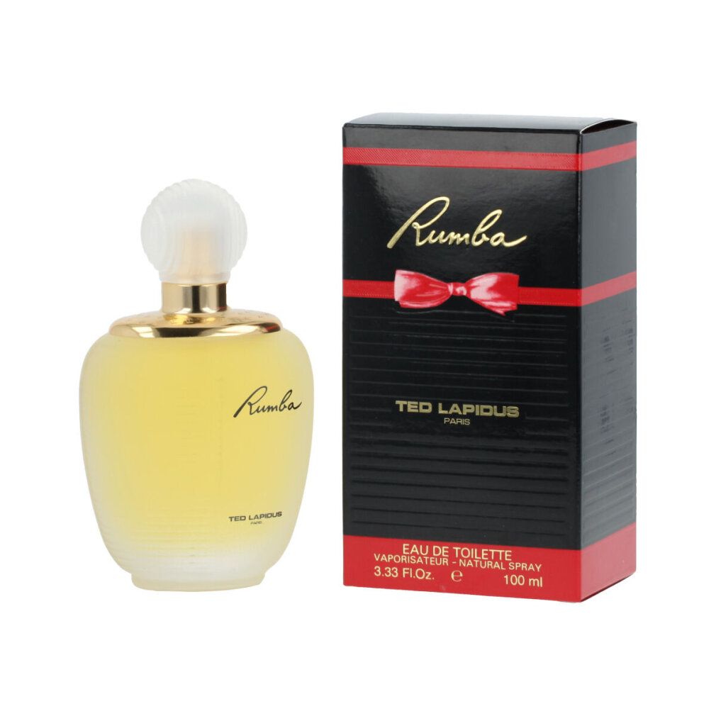 Flacone e confezione di profumo Rumba. Scatola nera con fiocco rosso e scritta Rumba.