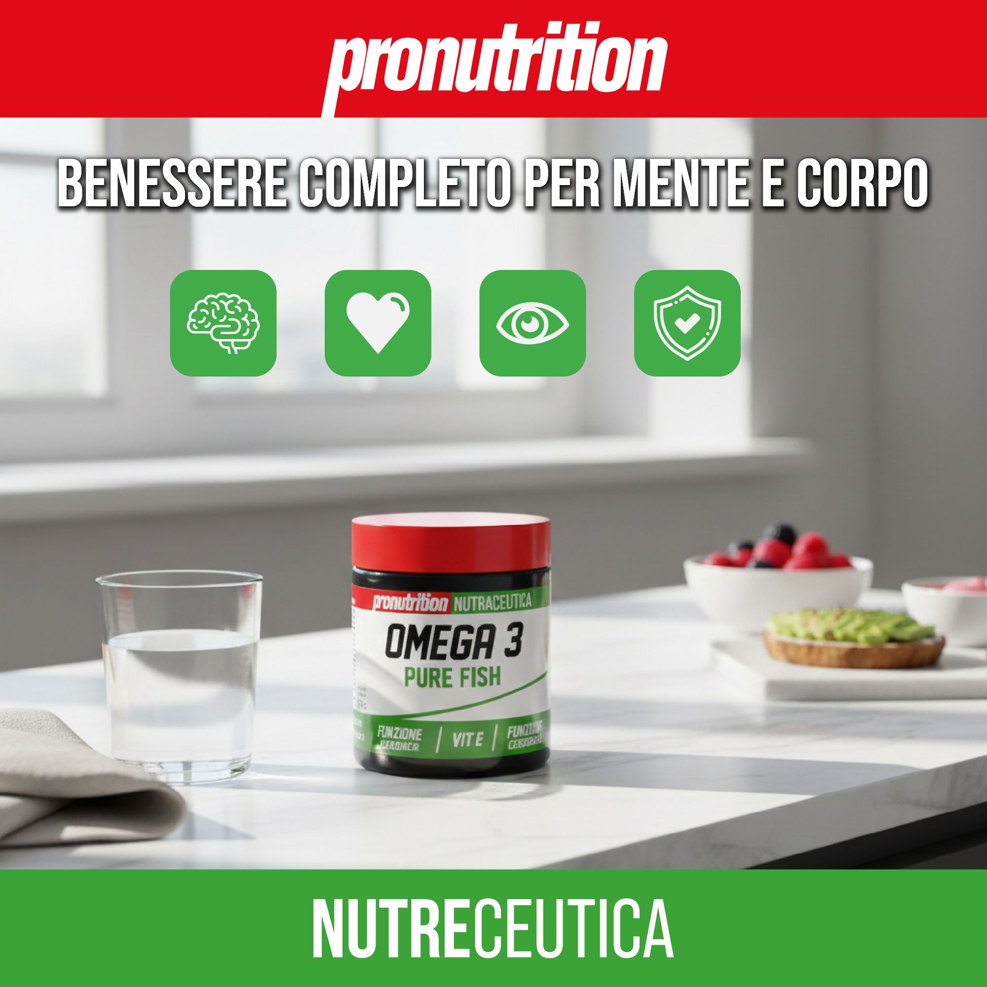 Barattolo Omega 3 Pure Fish su tavolo con bicchiere d'acqua, frutta e pane. Marchio Pronutrition, testo: Nutreutica.