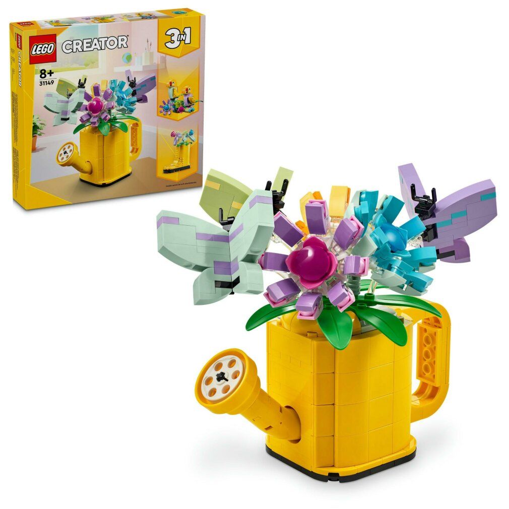 Set LEGO annaffiatoio giallo con fiori colorati. La confezione mostra il modello 3-in-1. Età consigliata: 8+
