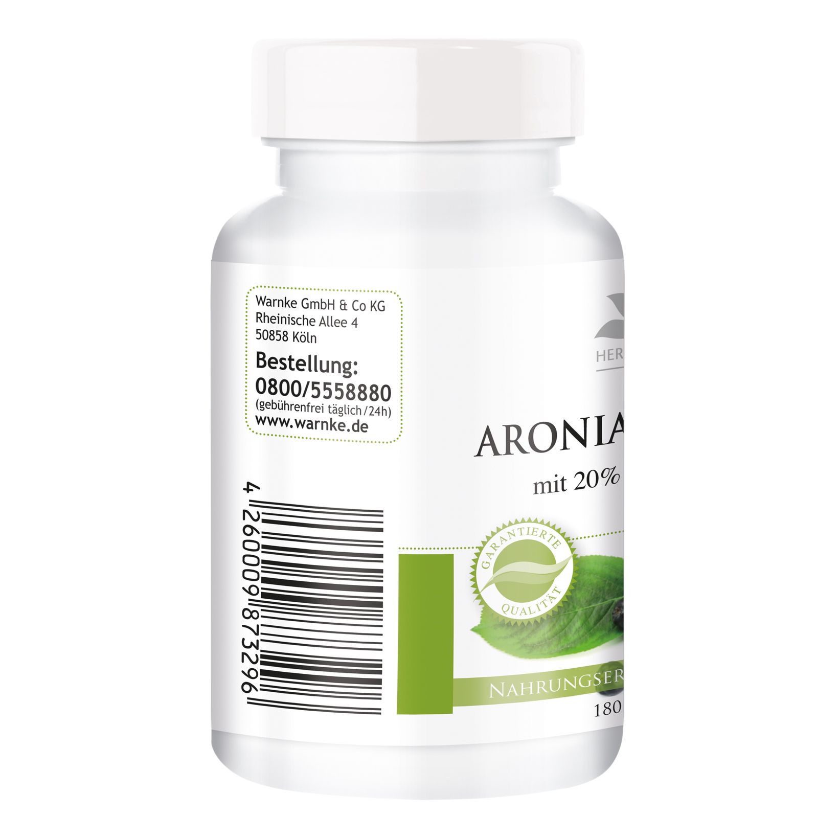 Retro del flacone bianco. Scritta: ARONIA-EXTRAKT con il 20% di antociani. Etichetta verde e bianca. Sigillo: Qualità garantita. 180 capsule. Informazioni indirizzo.