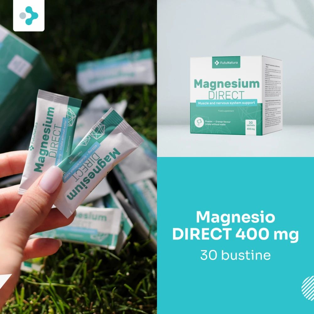 Mani tengono bustine FutuNatura Magnesium DIRECT. Scatola sullo sfondo. Testo: Magnesium DIRECT 400 mg, 30 bustine.