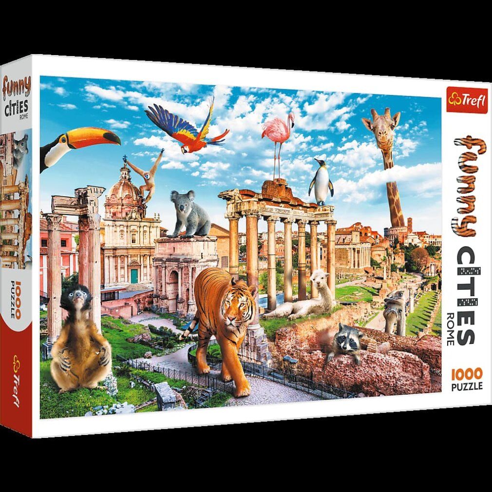 Scatola di puzzle con scena romana e animali. Scritte: Funny Cities, Trefl, 1000 pezzi. Raffigurati: tigre, fenicottero, koala, pinguino, scimmia.