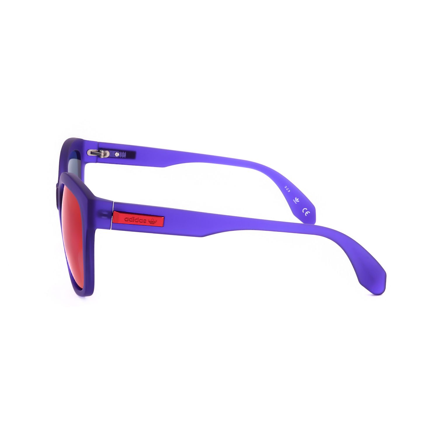 Occhiali da sole Adidas viola con lenti rosse e logo rosso sulla stanghetta.